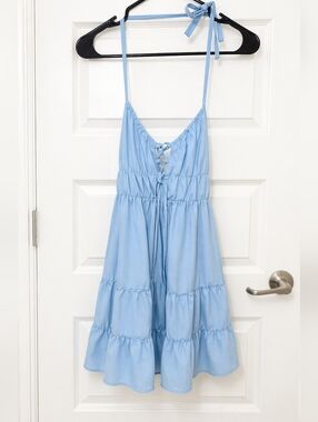Blue Halter Backless Ruffle Dress | SHEIN Tie Front Summer Dress M/L